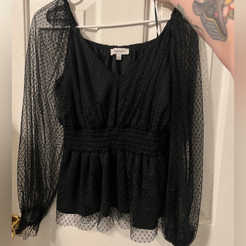 Black Lace Polkadot Long Sleeve Blouse